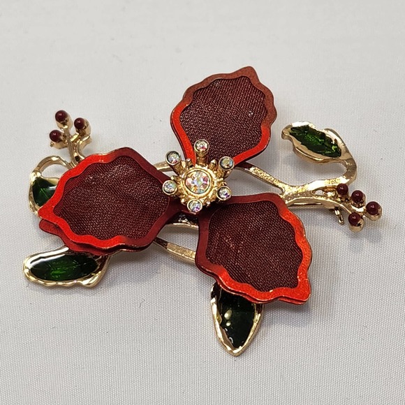 Kenneth Cole Red Mesh Poinsettia Brooch Pin Holiday Christmas Enamel Rhinestone - Picture 2 of 5